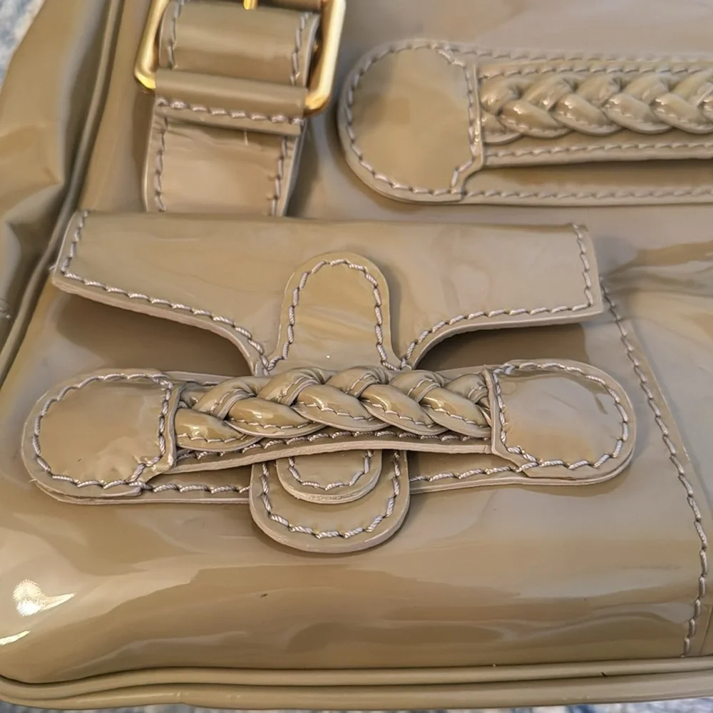 Valentino Garavani Camel Brown Braided-Handle Patent Satchel - Picture 11 of 13